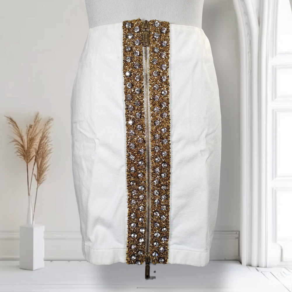 Celine 2004 Michael Kors Runway Crystal Beaded Zip White Denim Mini Skirt 40 - Picture 1 of 16